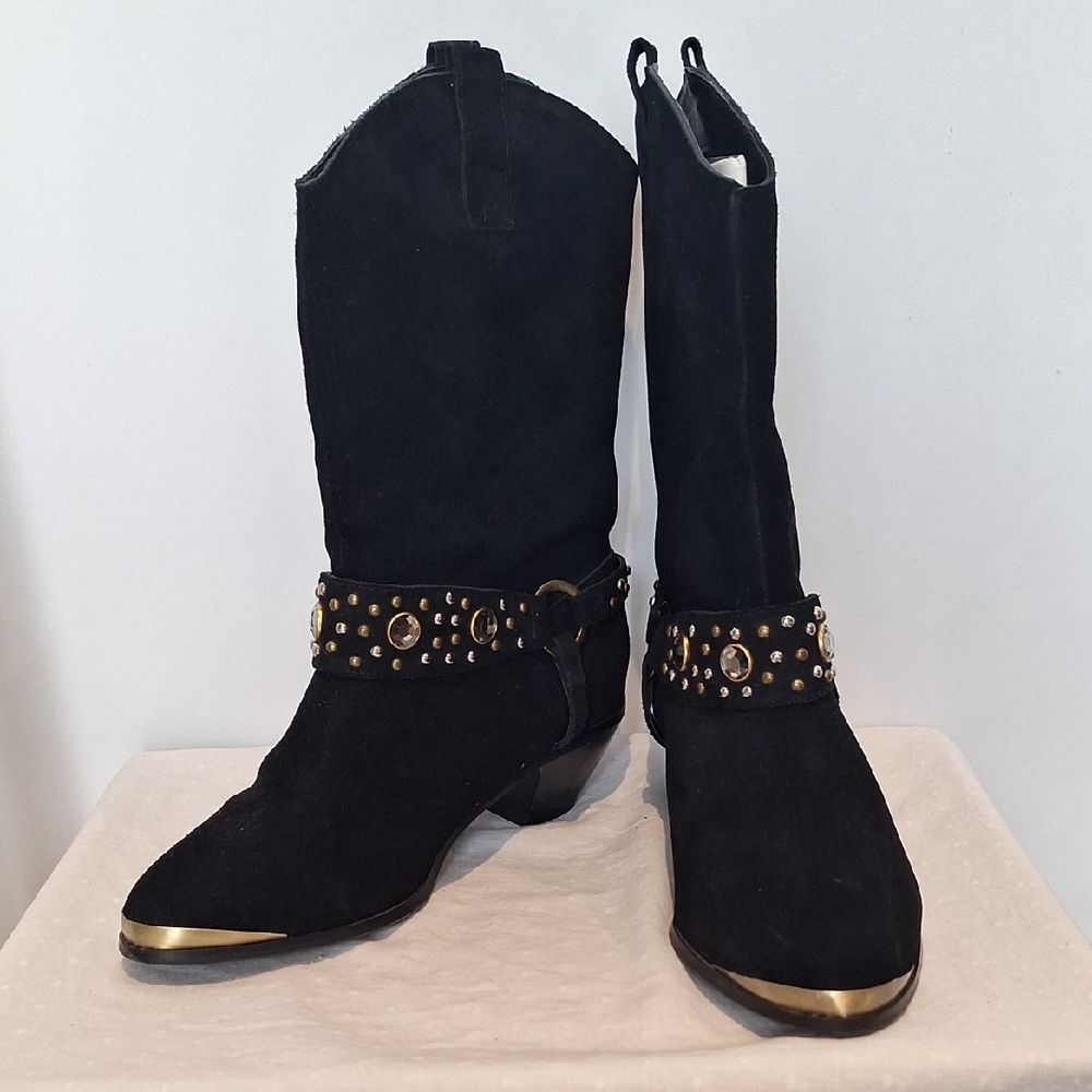 Diane Gilman Black Suede Studded Blinged Cowgirl Women's Boots Size 9W
